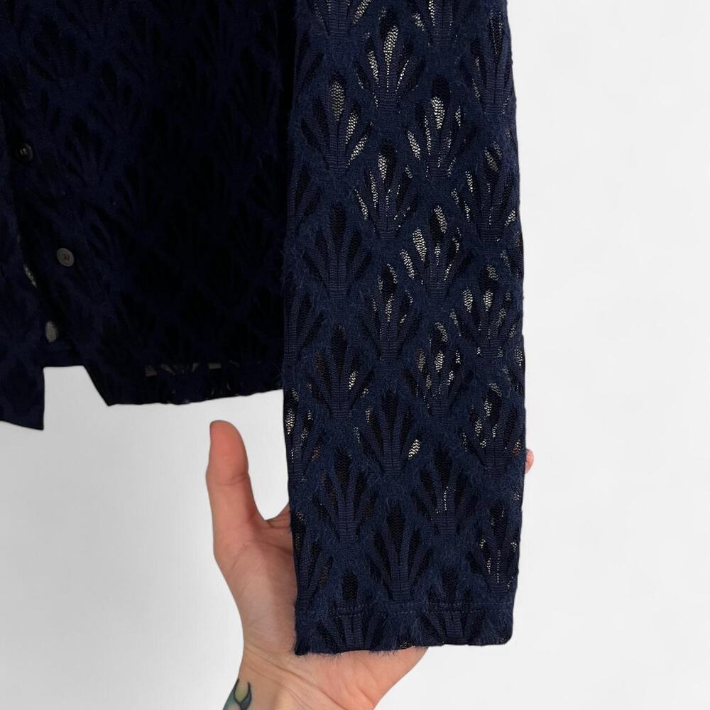 LOFT Textured Navy Sheer/Lace Button-Up Top - Picture 5 of 8